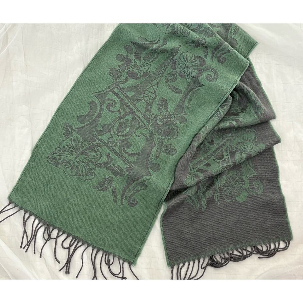 Silk Wool Blend Paris Eiffel Tower Rectangle Scarf Green Gray 60" | Zazou Luxe